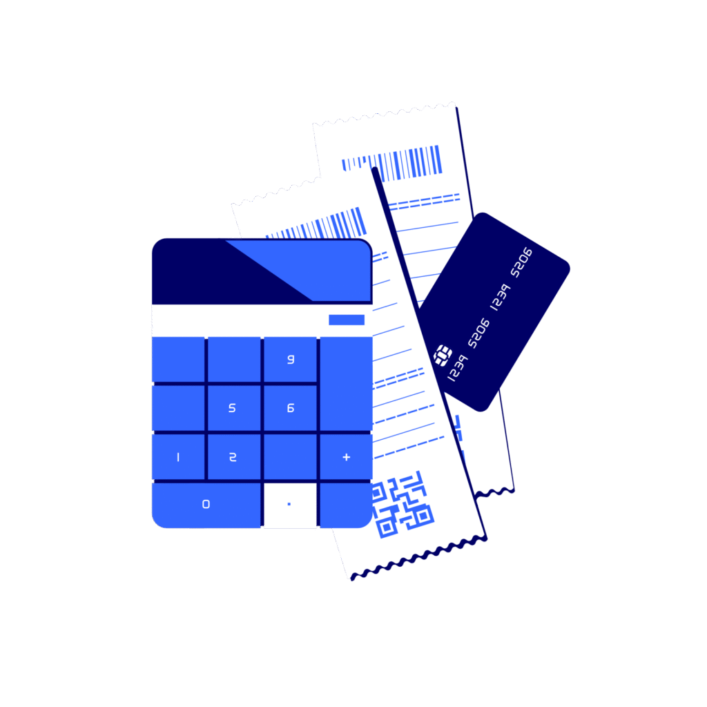 A calculator, credit card, and credit card processing receipts